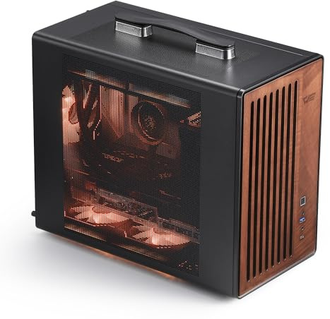 darkFlash Case portatile Micro-ATX PC con maniglia, mini Tower MATX case con legno, con 1 ventola ARGB PWM, porta di tipo C, supporto 240 AIO, H165mm Cooler, desktop compatto semplice, nero (WD200)