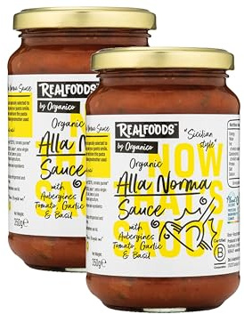 Realfoods by Organico | Organic Alla Norma Pasta Sauce with Aubergine, Tomato, Garlic & Basil – Classic Italian Recipe – Perfect for Pasta & Vegetables | 350g (Pack of 2)