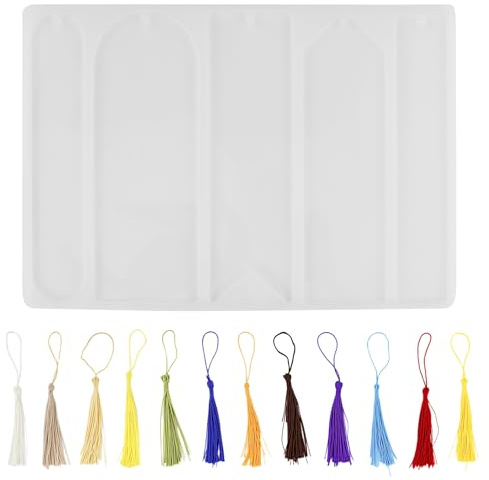 Moule de Marque-pages en Résine Kit,5 Moule de Signet Silicone avec 24 glands,Moule Rectangulaire Moule Silicone Resine Epoxy,pour bricolage,marque-pages en résine époxy