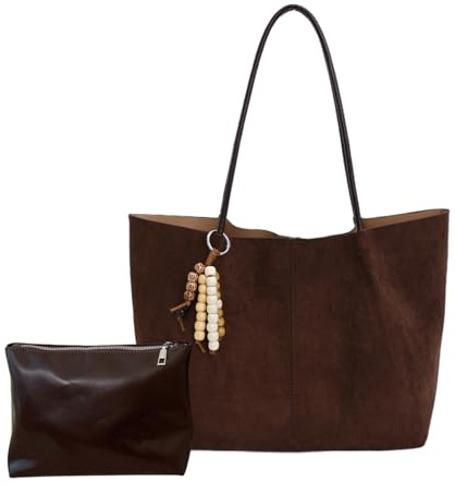 JANSBEN Wildleder Handtasche Damen Groß - Umhängetasche Shopper Tasche Arbeitstasche Schultertasche mit Verstellbarem Riemen und Pouch Bag für Arbeit, Reisen, Schule Kaffee
