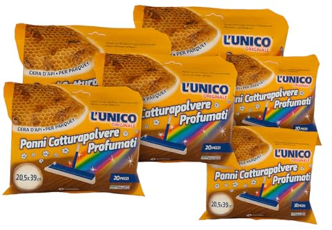 Generico L’Unico Panni Catturapolvere Profumati Cera d’Api – 5x20 Tot. 100 Panni – Elettrostatici per Parquet e Pavimenti, Profumo Naturale, Misura Maxi 20,5x39 cm, Made in Italy