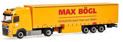 Herpa LKW Modell DAF XG Gardinenplanen-Sattelzug Max Bögl, Miniatur im Maßstab 1:87, Sammlerstück, Made in Germany, Kunststoff, Gelb