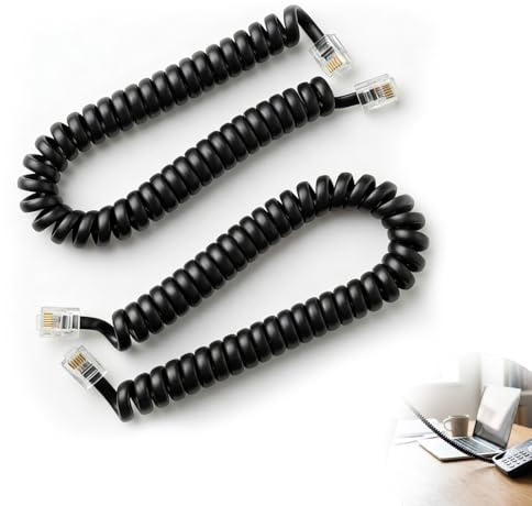 Jetstream 2 Stück Telefonkabel, RJ9 4P4C (RJ10, RJ22) Telefonhörer Spiralkabel, Telefonhörerkabel Verbinder Schwarz, Telefonstecker, Hörerkabel, Coiled Länge 1 bis 3 Meter Abgewickelt