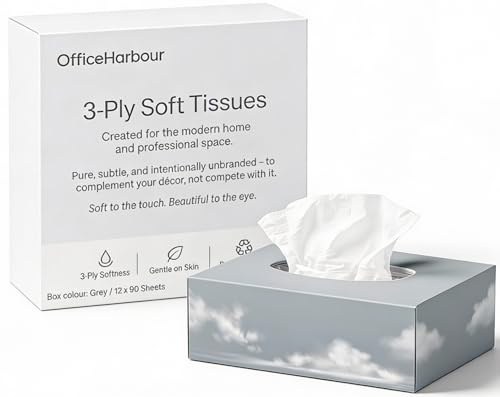 OfficeHarbour 3-Ply Facial Tissues, 90 Sheets, Pack of 12 Boxes | 100% virgin pulp, neutral unbranded design, hygienic plastic dispensing rim, easy-open boxes, 1,080 tissues total
