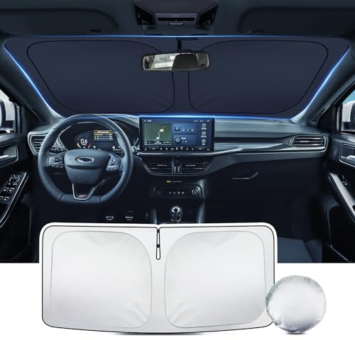LANGBEAN Parasol Plegable Parabrisas Delantero para Ford Focus 2019-2025 | Para Sol Coche Bloquea Rayos UV & Calor, Cubierta del Volante, Protector Visor Solar, Accesorios Verano [Actualizado]