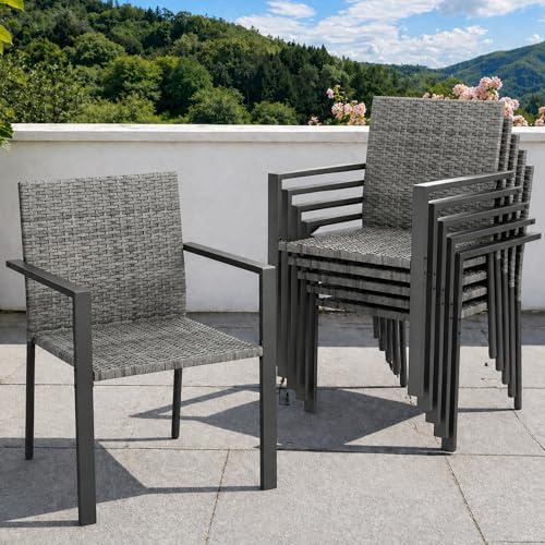UDPATIO Gartenstühle Stapelbar 6er Set, Gartenstuhl Hochlehner aus Polyrattan, Rattan Stühle, Stapelstühle Wetterfest, Balkonstuhl Metall, Terrassenstühle für Garten, Outdoor, Grau