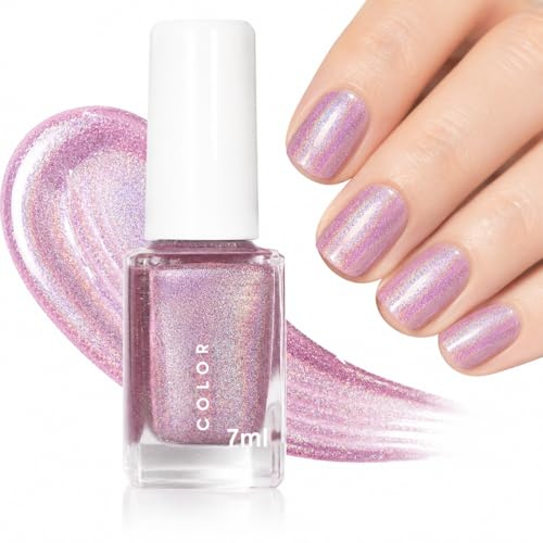 Light Pink Nail Polish, Holographic Varnish, Pink Glitter Lacquer, Iridescent Rainbow Shimmer - Quick Dry No UV Manicure Colour for Women Teens DIY Home Nail Art, 7ml