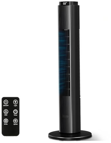 Electactic 37-Inch Bladeless Tower Fan, 80° Oscillating, Quiet Cooling with 12H Timer & Remote, 6 Speeds & 4 Modes, LED Display, Powerful Standing Fan for Bedroom Office Dorm, Black