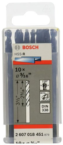 Bosch 2607018451 HSS-R Metal Drill Bit, 3/16x 2.5/16 x 3.1/2, Blue, Pack of 10