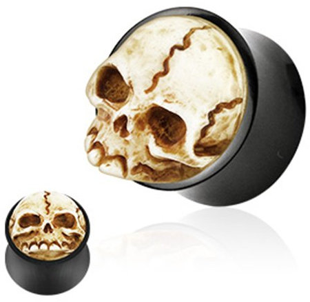 BlackAmazement Unisex 3D Flesh Tunnel Plug Inlay Piercing Organisch Büffel Horn Knochen Kunststoff Skull Totenkopf Gothic (Größe: 10 mm)
