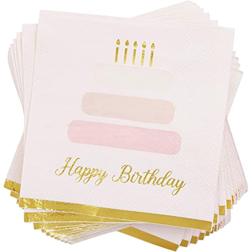 Servietten mit Kuchenmotiv Happy Birthday, mit Goldfolienrändern, Rosa, 12,7 x 12,7 cm, 50 Stück