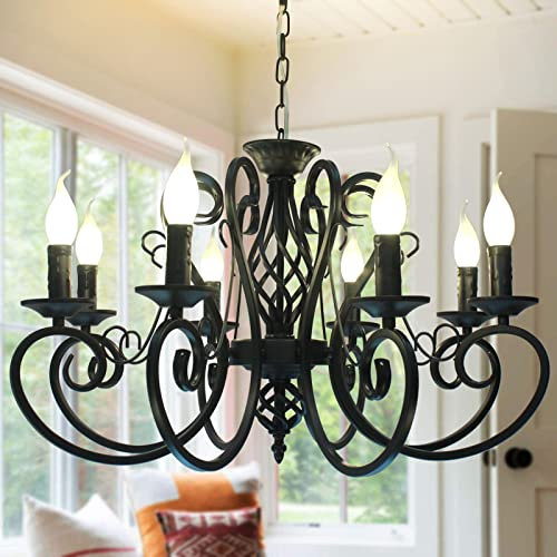 Ganeed Candelabros de campo francés, candelabro de hierro con vela de isla de cocina de 8 luces, lámpara colgante industrial vintage para granja, comedor, dormitorio, vestíbulo