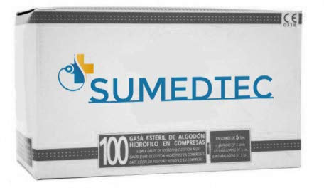 Sumedtec - Gasas estériles tejidas de 8 capas para el cuidado de heridas. Suministros médicos de primeros auxilios Caja de 100 piezas estériles empacadas en 20 sobres 5 unidades cada uno.