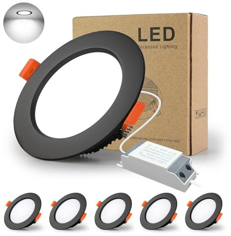 BAGZY LED Einbaustrahler 230V Schwarz Spots Flach 12W 230V IP44, 1000 Lumen 5er Set Kaltweiß 6000K Ausschnitt 110-130mm,CRI 80,Einbauleuchten Decken Spot,für Schlafzimmer Badezimmer Wohnzimmer