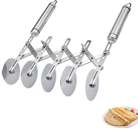 Cortador de masa multiredondo, cortador de masa de 5 ruedas para hornear, múltiples herramientas de cortador de pasta de acero inoxidable, cortador de pizza ajustable divisor con mango