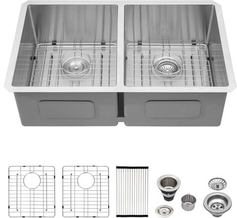 Logmey 33 Inch Double Bowl Undermount Kitchen Sink 33x19x9 Inch 50/50 Nano Coating Stainless Steel 16 Gauge Handmade Kitchen Sink