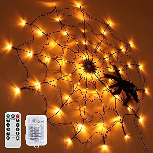 SHYOSUCCE Halloween Deko Licht, 70 LED Spinnennetz Licht mit 8 Modi, Spinne und Fernbedienung, LED Lichternetz für Party, Garten, Bar, Spukhaus
