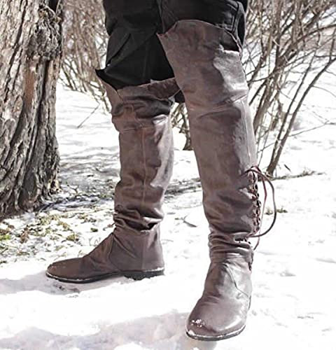 Mooke Retro Herren Piratenstiefel Mit Manschetten Mittelalter Hohe Stiefel Wikinger Cosplay Hohe Knie Schnürschuhe Renaissance Für Erwachsene Und Kinder,Braun,44