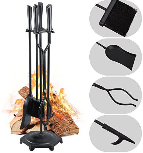 FEED GARDEN Juego de 5 herramientas para chimenea, moderno juego de accesorios para chimenea de hierro forjado al aire libre con póquer, pinzas, pala, cepillo, base, negro