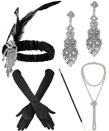 Cucudy 20er Jahre Accessoires Kostüm Damen und Herren Mafia Gatsby Kostüm Set Art Deco Flapper Party 1920s Gatsby Schmuck Damen Federboa Stirnband Accessoires Abschlussball Event (4)