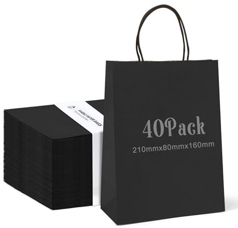 Anstore 40 Stück Papiertüten mit Henkel, Geschenktüten, Partytüten Mitgebseltüten, Perfekte Schwarz kraftpapiertüten für Partybevorzugung, Verpackung, Anpassung, Tragen, Einzelhandel, Waren, Hochzeit
