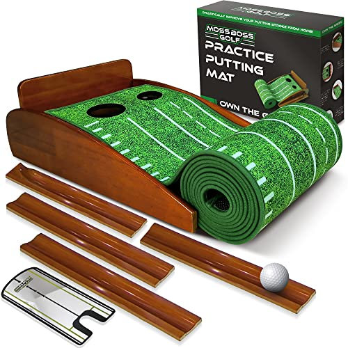 Moss Boss Golf Übungs-Puttingmatte und Putting-Spiegel – Indoor Golf Putting Grün mit 2 Löchern und Rücklaufbahn zum Üben zu Hause oder im Büro – Golf-Zubehör für Männer – Geschenk für Golfer