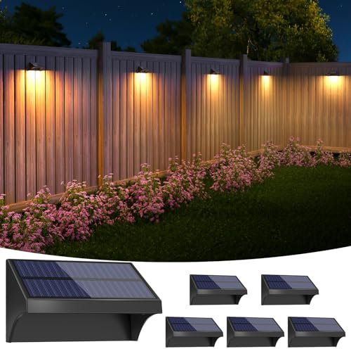 NIORSUN Outdoor Fence Lights, 6 Pack Waterproof LED Solar Fence Lights with 1500mAh Battery, Warm White/Cool White/RGB, Easy-to-Install Wall Light for Deck, Patio, Railing, Stairs, Backyard – Black