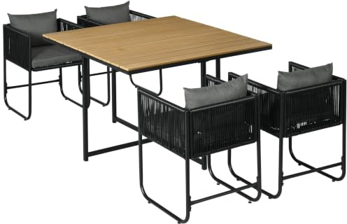 Outsunny 4 Seater Rattan Cube Garden Furniture Set with Cushions Black | Rattan Dining Set, Outdoor Dining Table and Chairs, Rectangular Wood Grain Plastic Top Table, Patio, Balcony