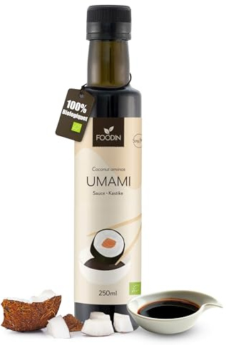 FOODIN Sauce Aminos de Coco Bio – Bouteille 250 ml – Alternative à la Sauce Soja Faible en Sodium, Umami Doux, Vegan, Sans Gluten, Idéale pour Sushi, Salades et Marinades