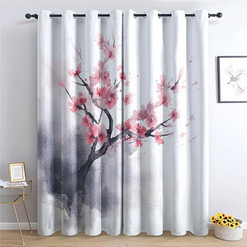 Rideau Occultant Fleur de Cerisier, Rideau Isolant Thermique pour Salon Chambre, Rideaux Motif Fleur Rose Japonais, Rideau Opaque à Oeillets, Lot de 2 Rideaux et Draperies Intérieurs 140x220 cm (LxH)