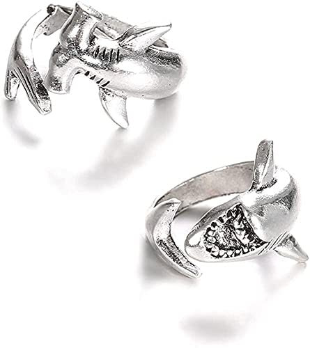 generic 2 Stücke Haifischring Vintage Punk Ozean Tier Offener Ring Schmuck Zubehör Für Frauen Mädchen, Blau, Silber, 1 Stück, Verstellbar, Cocktailparty, Ring