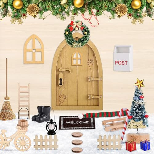 yotutun Porta Elfo Natale, 23 Pezzi Porta Gnomo Set con Albero di Natale, Recinto, Finestra Porta Elfo di Natale in Legno Set di Decorazioni Natalizie in Miniatura per Decorazioni Natale