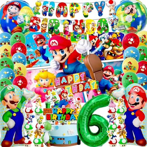 Mario Ballon Girlande, Super -Mario Kindergeburtstag Deko 6 Jahre, Mario Geburtstag Deko Set, super-mario luftballon 6. Thema Dekoration, Mario Party Deko Zahlenballon Mit Hintergrundstoff