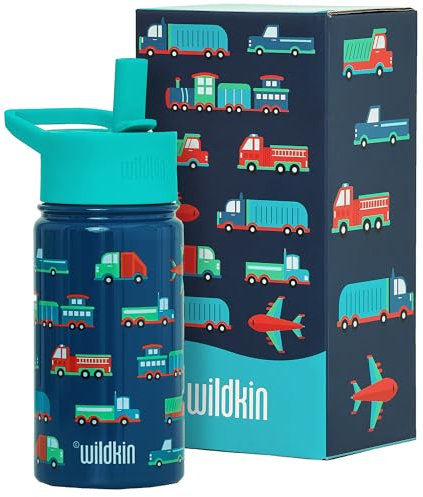 Wildkin Botella de agua reutilizable de acero inoxidable sin BPA de 14 onzas con tapa a prueba de fugas para niños y niñas, aislada, duradera y fácil de limpiar, para niños pequeños, transporte