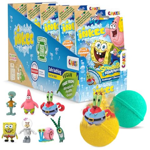 INKEE SpongeBob 5er Pack - Badebomben Kinder mit Überraschung - SpongeBob Schwammkopf Figuren zum Sammeln - 5x Badekugeln 80g mit Burgergummi-Aroma und Jojobaöl, Türkis oder Gelb