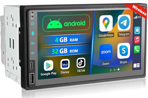 4+32G Doppel Din Android Autoradio mit Wireless Carplay, 7 Zoll Auto Radio Bluetooth mit Bildschirm, 2 Din Autoradio CarPlay Display mit Navi, WiFi, AM/FM/RDS, AUX/SWC