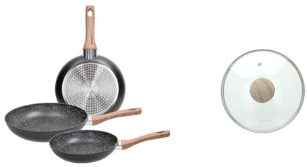 Tognana Great Stone, Set 3 Padelle 20/24/28 cm, Alluminio, Nero & Eco Coperchio 20 cm