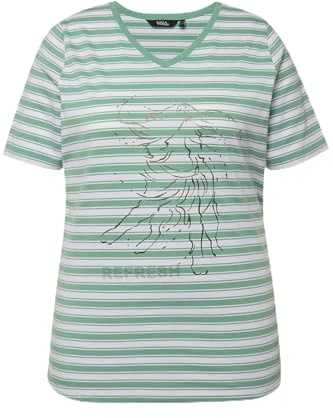 Ulla Popken Damen große Größen Übergrößen Plus Size T-Shirt, Ringel, Metallic-Tiermotiv, V-Ausschnitt, Halbarm lichtgrün 46+ 831845420-46+