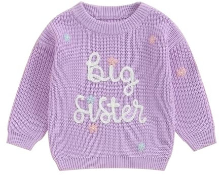 Bufarromio Little Baby Girls Casual Sweater Big Sister Letter Flower Embroidery Long Sleeve Knitwear Round Neck Fall Winter Pullover (Purple White, 3-4 Years)