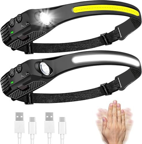 JOLIGAEA Stirnlampe Led Wiederaufladbar, 2 Stück USB Superheller Kopflampe mit 6 Modi, 230°Ultra Weitwinkel COB Wasserdichte Stirnlampe, 1200mAh Double Spot Light mit Gestensensor