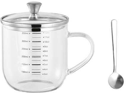 DouYuan Messbecher Glas mit Edelstahl Deckel und Löffel, Messbecher 350ml Glas mit Griff, ideal für Saft, Milch, Kaffee, cocktail und Backen