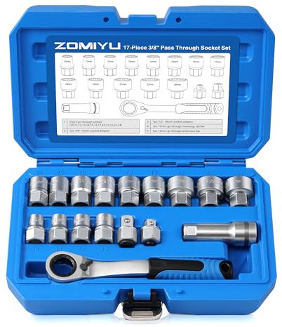 ZOMIYU 17-Piece Pass Through Socket Set, Chrome Vanadium Steel, Metric 10-24mm, 1/2 & 3/8 Socket Adapter, 19mm Extension Bar & Reversing Ratchet