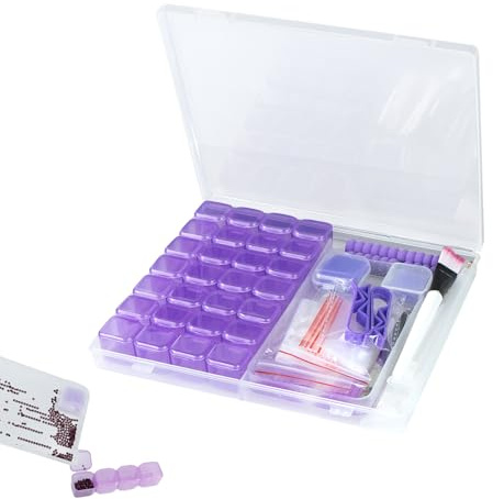 xyuayamz Organizador Diamante Pintura, Diamond Painting Accesorios, 28 Compartimento Almacenaje Diamond Painting, 59PCS Accesorios Pintura Diamante para Diamantes DIY Manualidades, Morado