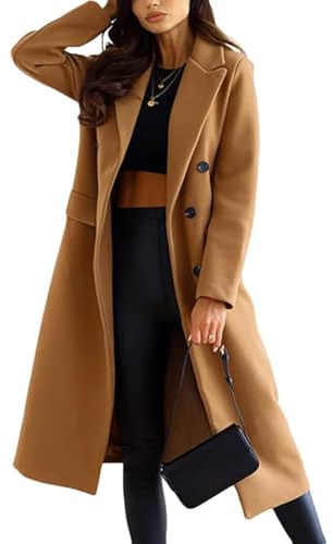 JIAALU Mantel Damen Elegant Lang Wollmantel Mode Umlegekragen Langarm Einfarbig Trenchcoat Warme Outwear Winter mit Gürtel Jacke