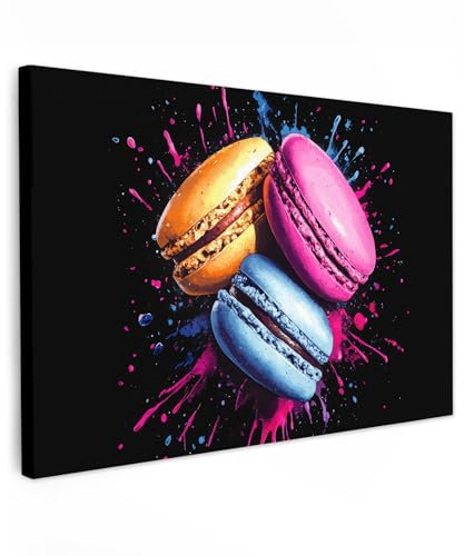 MuchoWow© Wandbilder Groß 120x80 cm XXL Schlafzimmer Home Deko Wohnung Bild Wohnzimmer Fotoleinwand Wand Bilder Leinwand Wall Decor Macarons - Dessert - Graffiti - Bunt - Rosa - Blau - Gelb