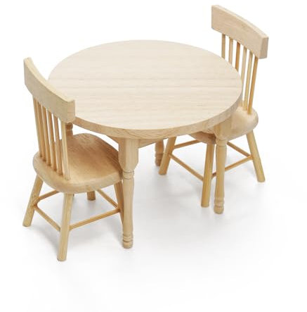 Odoria Puppenhaus Esstisch Esszimmerstuhl Miniatur: 3Stk 1/12 Maßstab Tisch Rund und Stühle für Küche Esszimmer Vintage - Mini Möbel Holz Unlackiert