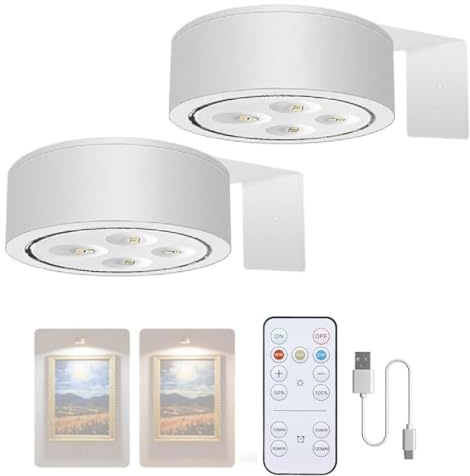 2Stück Picture Lights for Wall with 3 Color Temps, Bild Licht mit Fernbedienung, Kabellos Bilderleuchte, magnetisches LED Wiederaufladbar Malerei Licht, Dimmbare Timer Kunst Display Licht (Weiß)