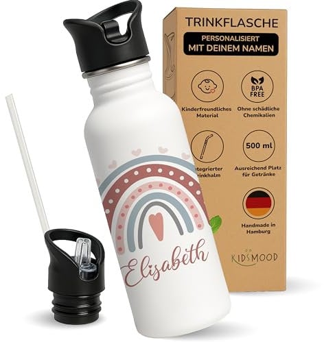 Kidsmood - Personalisierte Trinkflasche für Kinder aus Edelstahl, 500ml, Auslaufsicher mit Trinkhalm, Spülmaschinenfest | Für Schule & Kindergarten oder als Einschulungsgeschenk Mädchen und Jungen