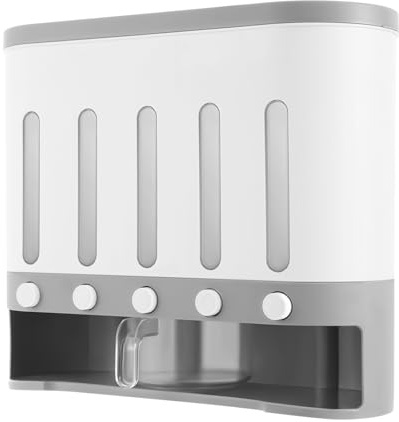 CHIMHOON Dispensador de cereales de 5 rejillas, 10 L, apto para trigo, legumbres, varios tipos de cereales montados en la pared, recipiente de almacenamiento, material apto para alimentos, adecuado