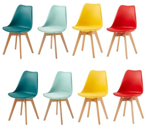 EGGREE 8er Set Esszimmerstühle mit Massivholz Buche Bein SGS Geprüfter Skandinavisch Design Gepolsterter Stuhl Küchenstuhl Holz, 2 Gelb+2 Rot+2 Mintgrün+2 Türkis